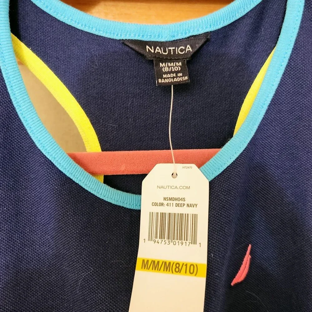 NAUTICA Big Girls Deep Navy Ribbon Border Dress size 8/10 NEW Yellow Red NEW tag